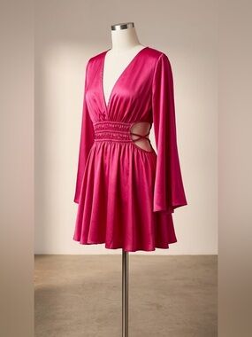Justify Hot Pink Satin Plunge Neck Mini Dress
